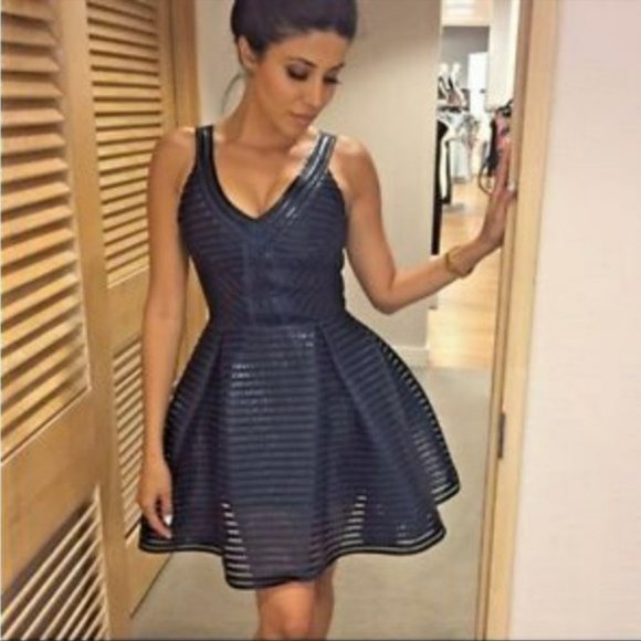 Maje Paris Rosemount black and blue mesh  stripe fit and flare cocktail dress 2 - Picture 9 of 16